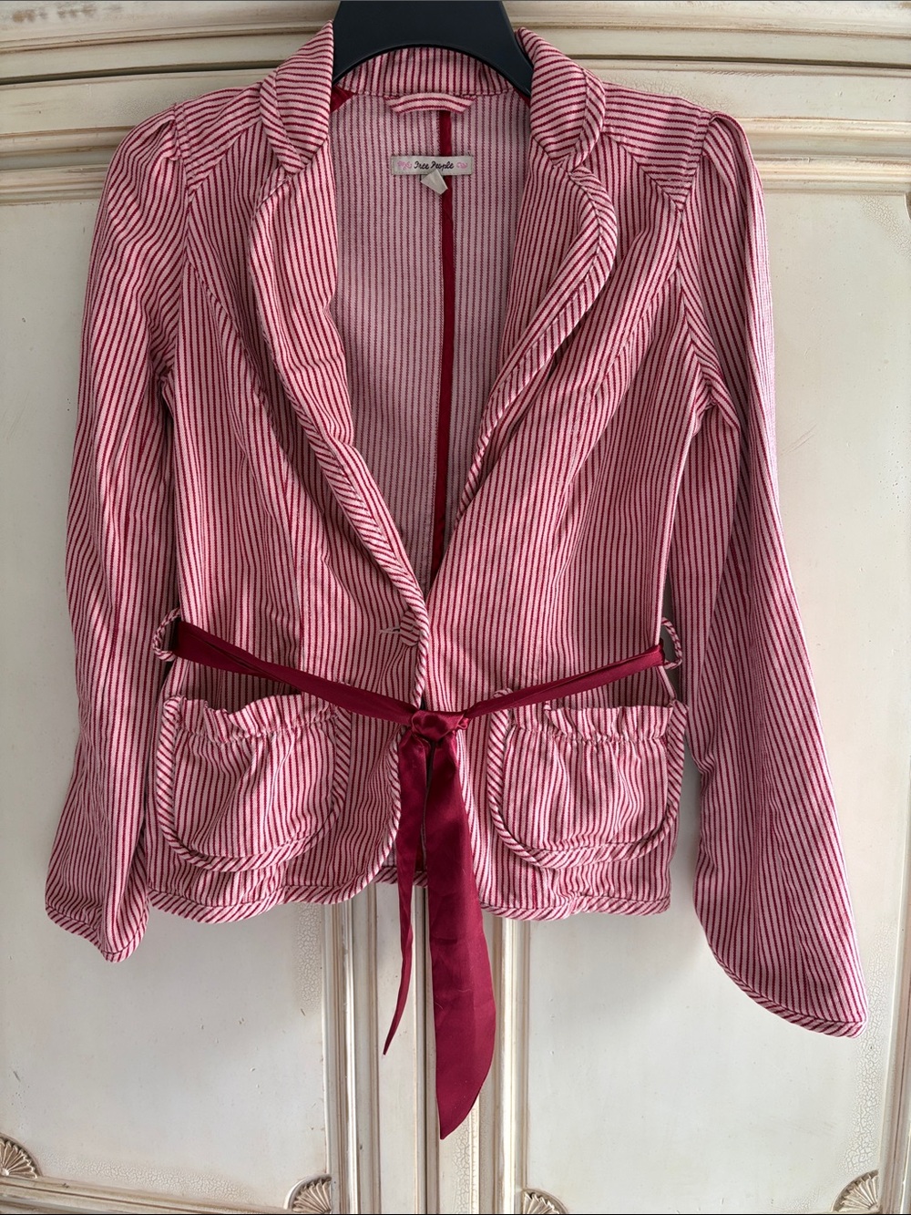 Free People Vintage Y2K Red & Tan Pinstriped Tie-Waist Blazer Jacket